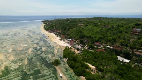 Amplia-Panorámica-Aérea-De-La-Isla-De-Nusa-Lembongan-En-Bali-Indonesia-En-Un-Día-Soleado-Con-Granja-De-Algas-Marinas-A-Lo-Largo-De-La-Costa