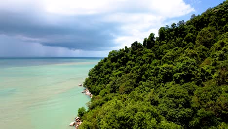 Vista-Aérea-Del-Mar-Azul-Y-árboles-Densos-En-El-Bosque-En-El-Parque-Nacional-De-Penang,-Penang,-Malasia