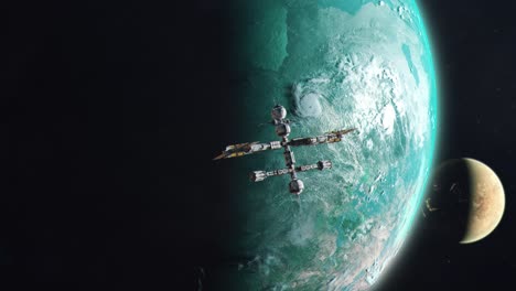 Estación-Espacial-Futurista-Que-Orbita-Un-Exoplaneta-Verde-Y-Exuberante