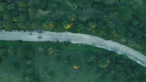 Top-down-aerial-view-single-vehicle-driving-long-curved-road-through-woodland-foliage
