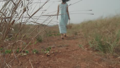 Passing-by-shot-out-of-focus-of-a-woman-in-a-blue-dress-with-a-basket-in-her-hand-walking-across-a-dirt-field