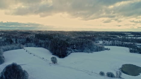 Sunrise-aerial-over-snowy-winter-landscape