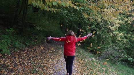 Frau-In-Roter-Jacke,-Die-Durch-Den-Deutschen-Wald-Geht-Und-Vor-Aufregung-Blätter-In-Den-Himmel-Wirft