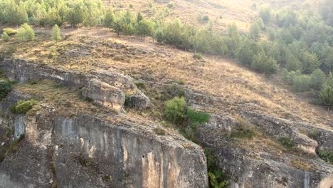 Luftflug-Hinunter-Blick-Auf-Einen-Berg-Mit-Kiefern-Und-Kalkstein-In-Cuenca