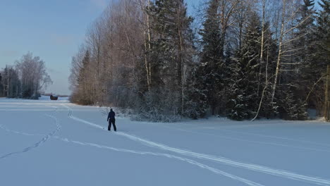 Person-Cross-Country-Skiing-On-Deep-Snow-Forest-During-Sunny-Day
