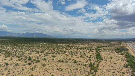 Drohnenaufnahme-Der-Sonora-Wüste-In-Arizona,-Langsame-Luftaufnahme-Mit-Einer-Autobahn-Am-Rand