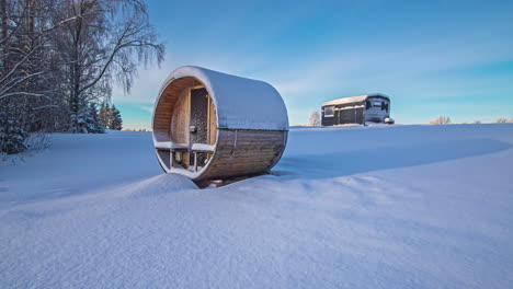 Timelapse:-Wooden-modular-cabin-room-at-a-snow-covered-forest-side-field-area
