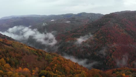 Luftaufnahme-Eines-Hügeltals,-Das-Von-Herbstfarbenen-Bäumen-Bedeckt-Ist,-Rückwärtige-Aufnahme