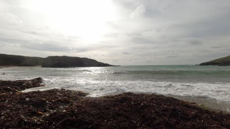 Time-lapse-tide-washing-onto-seaweed-covered-sandy-beach-surrounded-by-Welsh-islands