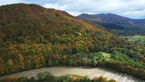 Poland-In-Autumn,-Bieszczady-Mountains,-Wide-Drone-Shot