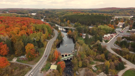Aerial-view-beautiful-autumn-nature-landscape-in-Burks-Falls,-Canada