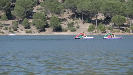 Two-pedalo-watercraft-with-people-paddling-the-boat-on-calm-water-of-lake-surrounded-by-trees