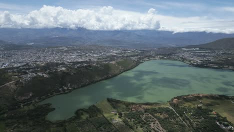 Aerial-view-of-Yawarkucha-Lake-near-Ibarra,-Ecuador,-South-America