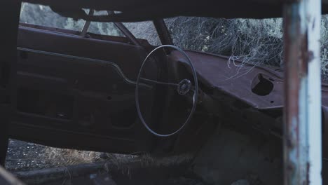 Rusty-steering-wheel-in-an-abandoned-station-wagon