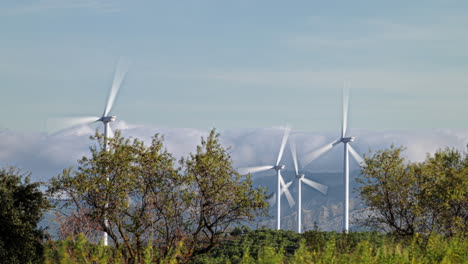 Time-lapse-of-wind-turbines-farm-in-countryside-environment,-zoom-in,-day