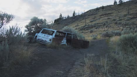 Rusty-abandoned-car-at-the-side-of-a-hike-trail