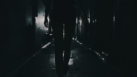 A-cinematic-shot-of-a-girl-walking-confidently-in-a-small-dark-eerie-and-dirty-street-during-the-night
