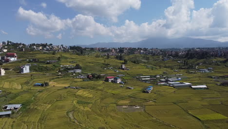 Eine-Luftaufnahme-Der-Erntereifen-Gelben-Reisfelder-Und-Der-Stadt-Kathmandu,-Nepal-Im-Hintergrund-Mit-Den-Himalaya-bergen
