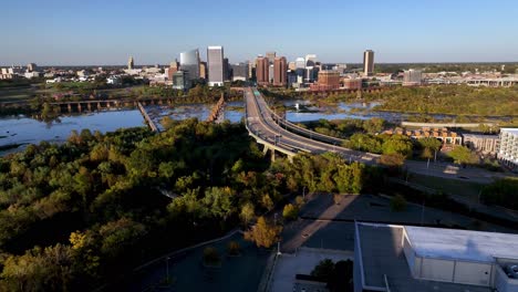 Aerial-flight-over-the-James-River-to-downtown-Richmond-Virginia