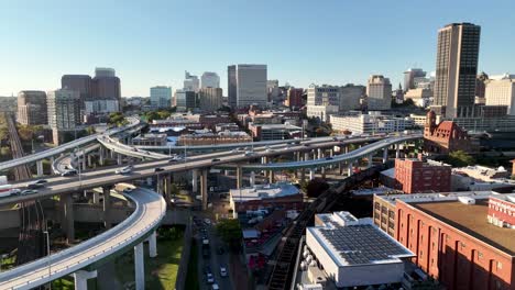 aerial-rise-up-to-reveal-busy-roadway-and-richmond-virginia-skyline