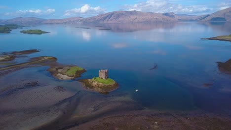 Aerial-view-of-Castle-stalker,-west-coast-of-Scotland