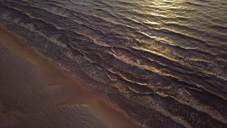 Beautiful-aerial-establishing-birdseye-view-of-Baltic-sea-coast-on-a-sunny-evening,-sunset,-golden-hour,-beach-with-white-sand,-sun-reflection,-coastal-erosion,-climate-changes,-wide-angle-drone-shot