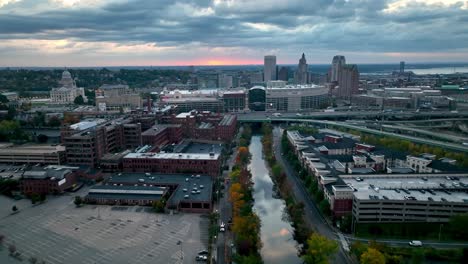 aerial-push-toward-skyline-of-providence-rhode-island-over-canal-and-waterway