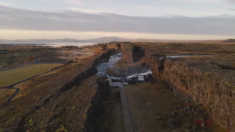 Aerial-forward-over-fault-or-crack-of-Thingvellir-National-Park,-Iceland