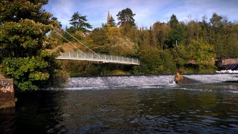 A-lovely-autumn-view-of-Miller's-Bridge-and-the-spire-of-St-Michael-and-All-Angel's-Church-near-Exeter-University-with-the-weir-on-the-river-Exe-in-the-foreground