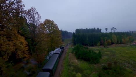 Black-coal-steam-train-emits-smoke-as-it-travels-through-a-rural-landscape-on-a-cold,-foggy-autumn-morning