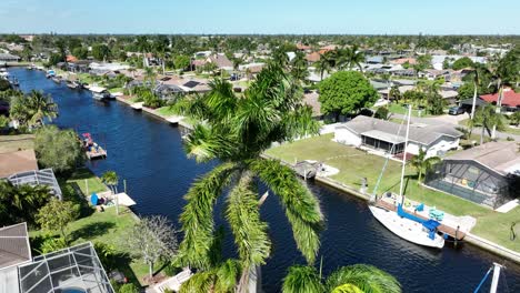 Beautiful-drone-shot-of-palm-trees-on-sunny-day-by-river-in-Florida