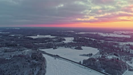 Aerial-view-winter-landscape-at-sunset