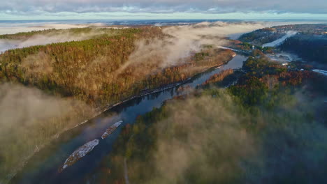 Cinematic-aerial-over-misty-forest-wilderness-of-Gauja-National-Park,-Gauja-river-snakes-through-forested-landscape,-Latvia