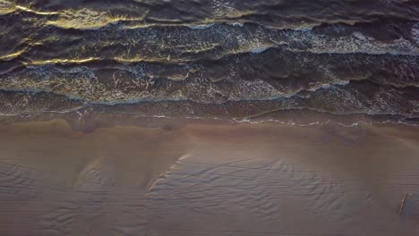 Beautiful-aerial-establishing-birdseye-view-of-Baltic-sea-coast-on-a-sunny-evening,-sunset,-golden-hour,-beach-with-white-sand,-coastal-erosion,-climate-changes,-wide-drone-dolly-shot-moving-left
