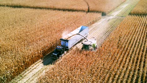 Seitlich-über-Landwirtschaftliche-Fahrzeuge-Geschossen,-Die-Während-Der-Erntezeit-Mais-Sammeln