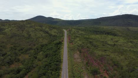 car-passing-in-a-road-in-the-middle-of-the-jungle---aerial-view