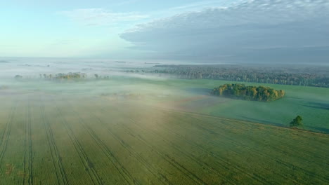 Aerial-drone-forward-moving-shot-over-white-clouds-passing-over-green-farmlands-during-morning-time