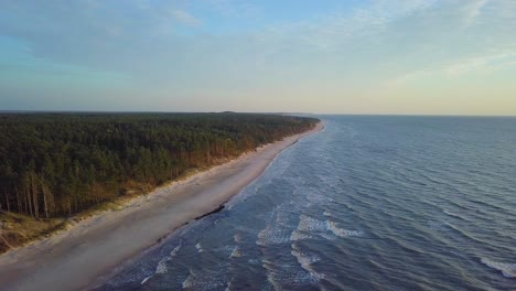 Beautiful-aerial-establishing-view-of-Baltic-sea-coast-on-a-sunny-evening,-sunset,-golden-hour,-beach-with-white-sand,-coastal-erosion,-climate-changes,-wide-angle-drone-shot-moving-forward
