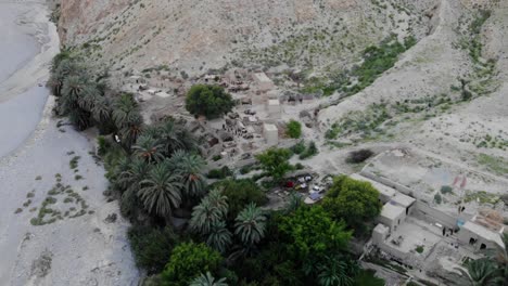 Aerial-View-Of-Village-Located-In-Khuzdar-With-Green-Trees-And-Gardens-Surrounded-By-Desert-Landscape