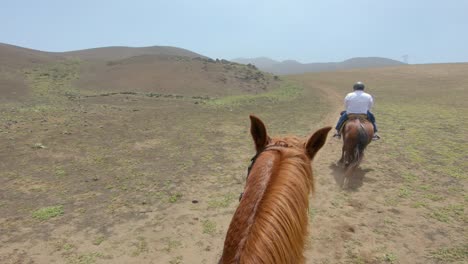 Group-of-Horse-Riders-going-up-a-deserted-sunny-hill,-POV-of-person