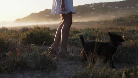 Slow-motion-handheld-shot-of-a-french-bulldog-on-the-beach-playing-with-its-owner-dressed-in-white-dress-during-a-sunrise