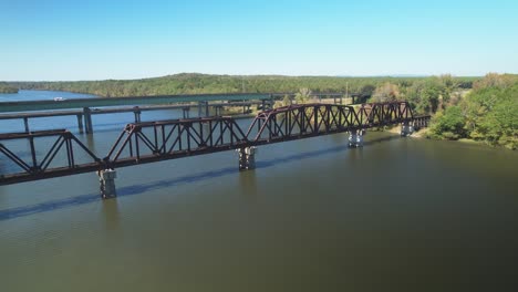 Aerial-fly-over-of-a-Parker-truss-railway-bridge