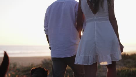 Slow-motion-handheld-shot-of-a-couple-in-love-the-woman-dressed-in-a-white-dress,-her-man-dressed-in-white-shirt-with-their-dog-during-a-romantic-walk-on-the-beach-at-a-beautiful-sunset