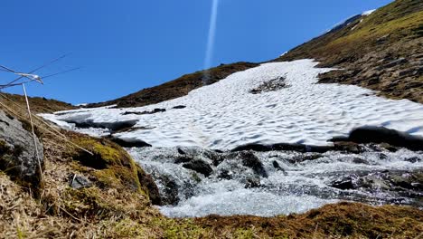 Melting-snow-at-spring-is-flowing-towards-Sysen-dam-water-reservoir-for-hydroelectric-powerplant-Hardangervidda-Norway---Static-closeup-of-stream-close-to-snow-patch-beside-yellow-withered-grass