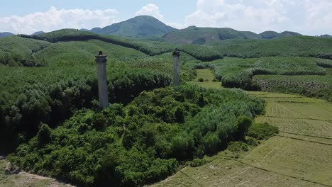 Aerial-View-Of-Two-Stone-Columns-Sticking-Out-From-Forest-In-Rural-Landscape-In-Vietnam
