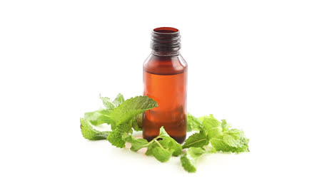 mint-extract-oil-in-a-yellow-transparent-bottle-with-fresh-mint-leaves-rotating-360-degree-side-shot