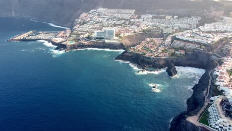 Top-view-of-village-in-the-coast-line-in-the-sun-set,-Spain-,-Canary-Island-Tenerife