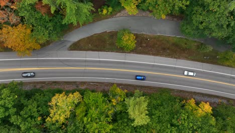 Straight-down-aerial-shot-of-cars-traveling-along-road-between-fall-foliage