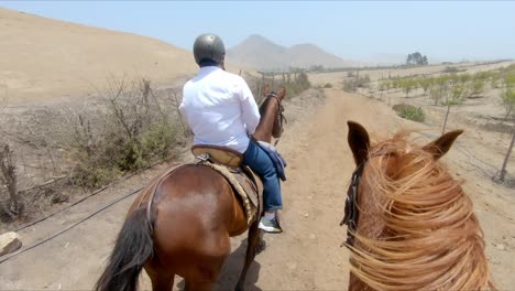 Two-equestrian-horse-riders-passing-deserted-farmland,-Rider-POV