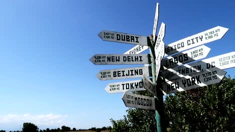 Cities-distance-arrow-white-signs-against-clear-blue-sky,-low-angle,-circle-pan